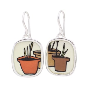 Enamel Houseplant Earrings: Sterling Silver Green Thumb Dangles