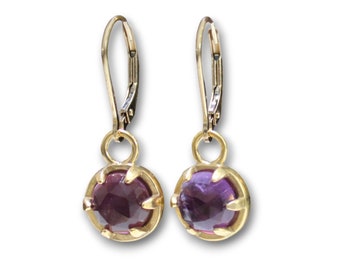 Rose Cut Amethyst Earrings - Prong Set Gold Dipped Gemstone Dangle Earrings - Purple Lever Back