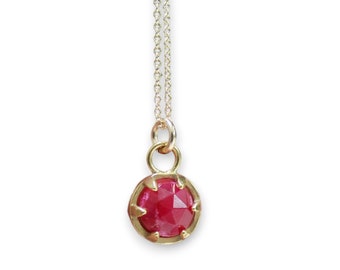 Tiny Ruby Necklace - Prong Set Gold Rose Cut Gemstone Pendant on 16 18 or 20 inch Gold Filled Chain - Red Jewelry