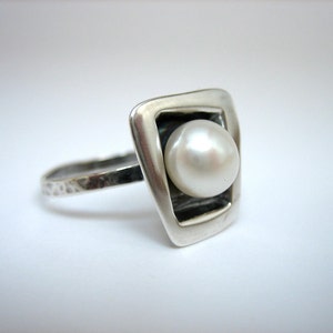 Modern Pearl Ring - Sterling Silver and Freshwater Pearl Ring with Black Patina