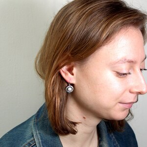 Modern Pearl Earrings in Round Sterling Setting Sterling Silver Pearl Earrings with Black Patina image 4