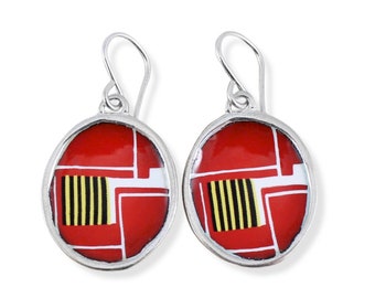 Sterling and Enamel Geometric Earring in Red and Yellow - Modern Dangles