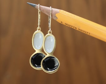 Unique Gold Dipped Modern Earrings - Mid Century Modern Style Sterling Silver And Enamel Earrings On Gold Filled Lever Back Ear Wires