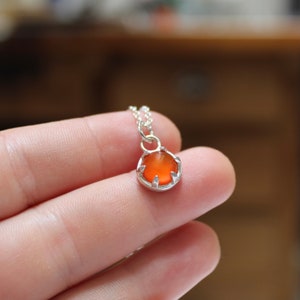 Sterling Silver Carnelian Necklace - Prong Set Gemstone Pendant - Orange jewelry