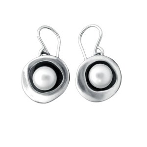 Modern Pearl Earrings in Round Sterling Setting Sterling Silver Pearl Earrings with Black Patina image 1