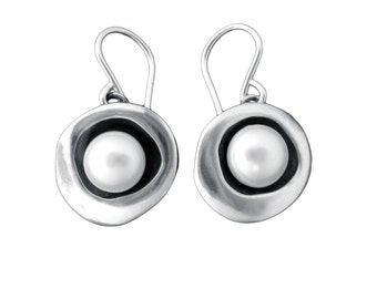 Modern Pearl Earrings in Round Sterling Setting - Sterling Silver Pearl Earrings with Black Patina