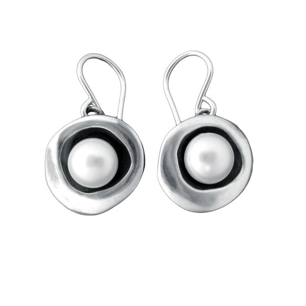 Modern Pearl Earrings in Round Sterling Setting - Sterling Silver Pearl Earrings with Black Patina
