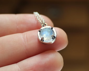 Sterling Silver Rose Cut Blue Moonstone Necklace - Prong Set Gemstone Pendant