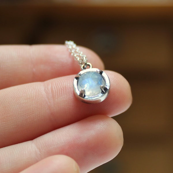 Sterling Silver Rose Cut Blue Moonstone Necklace - Prong Set Gemstone Pendant