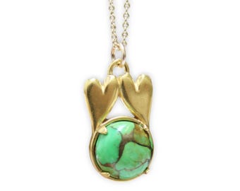 Two Hearts- Me and You-  Gold Hearts- Gift Necklace with Green Turquoise on Gold Filled Chain