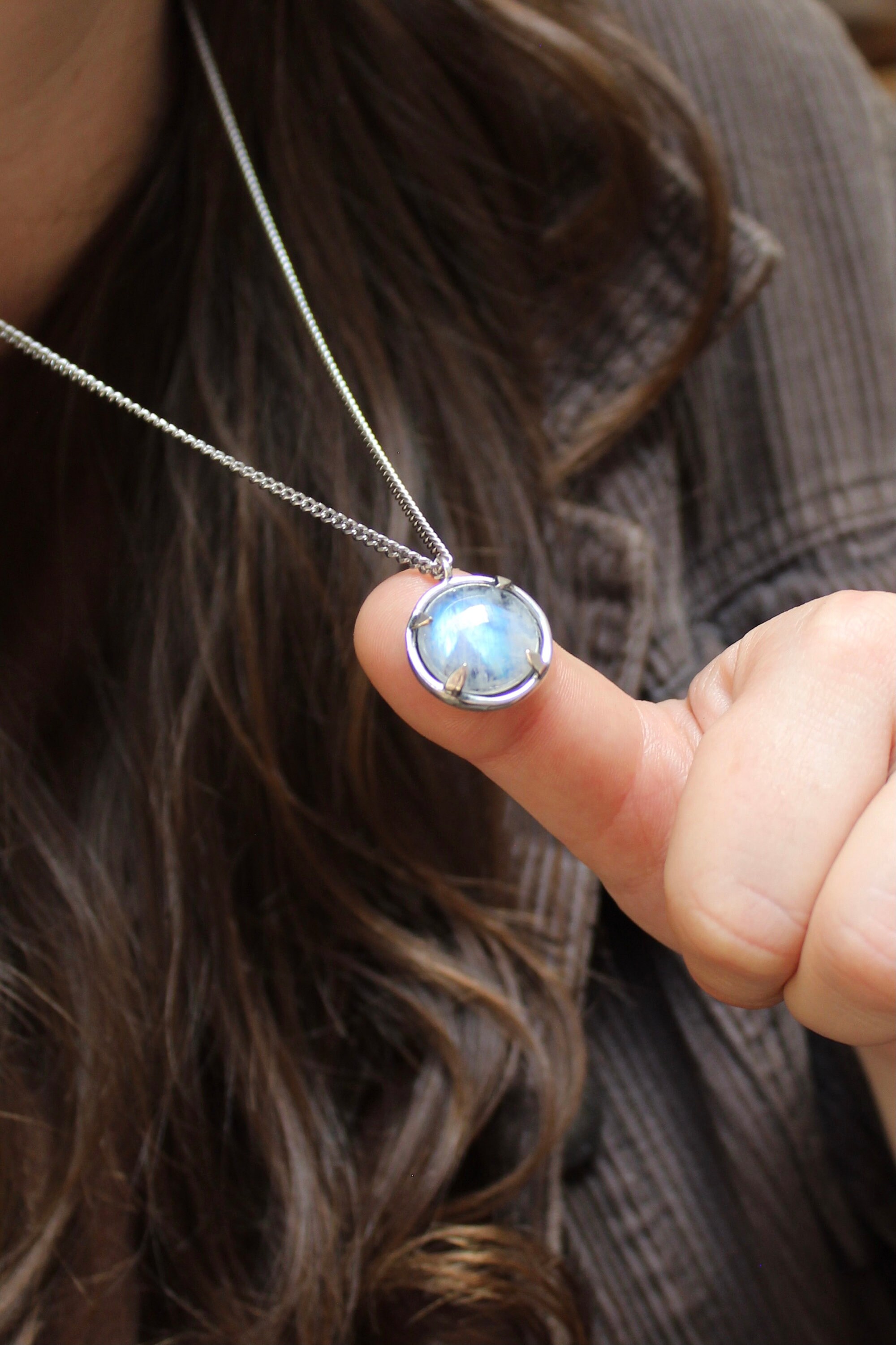 Prong Set Moonstone Necklace - Sterling Silver and Blue