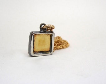 Tiny Square Sterling Silver and 24K Gold Necklace - Mixed Metal Pendant