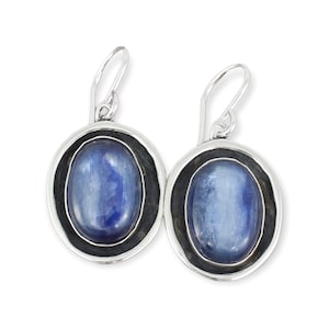 Kyanite and Sterling Silver Earrings - Gorgeous Shiny Blue Oval Kyanite Set in Shadow Box Style Dangle Earrings