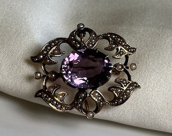 Estate 14KT Gold Natural Amethyst Seed Pearl Brooch, Brooch/Pendant Purple Stone and Pearl Jewellery, Vintage Decorative Gold Filigree Pin