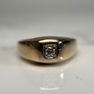 Vintage 10KT Yellow and White Gold Cast Wide Band Diamond Ring, Solitaire Diamond Ring, Thick Gold Band Ring, Mens Diamond Ring Size 9.25 US