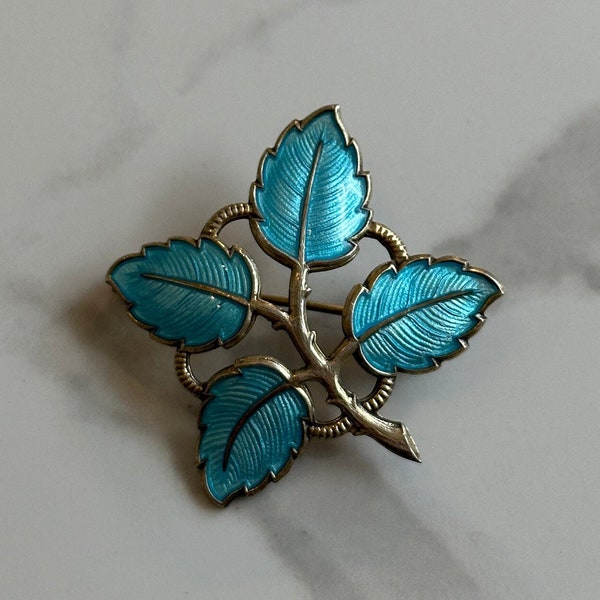 Vintage Aksel Holmsen Blue Leaf Brooch, Sterling Silver Four Blue Enamel Leaves Pin, Norway 925 Silver Statement Pin