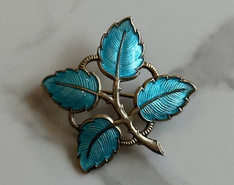 Vintage Aksel Holmsen Blue Leaf Brooch, Sterling Silver Four Blue Enamel Leaves Pin, Norway 925 Silver Statement Pin