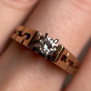 Bague diamant vintage en or 10 kt, anneau en or jaune à maillons de chaîne, bague diamant solitaire rond taille brillant sertie griffes 5,5 US