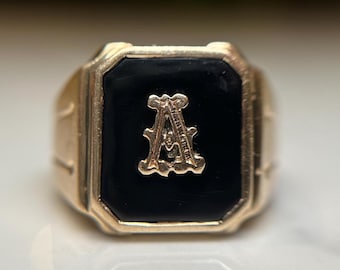Onyx and Solid 10KT Gold Signet Ring, Letter 'A' Initial Large Black Stone Monogram Face, Gothic Style Font Unique Statement Size 9.75 US