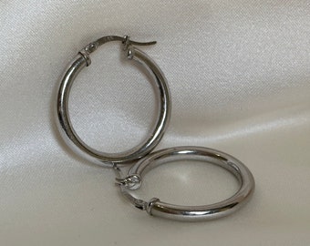 Simple 10KT White Gold Hoop Earrings, Classy and Stackable Shiny Silver Hoops, Small Easy to Wear Minimalist Gold Hoop Earrings