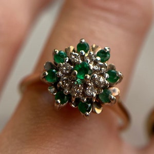 Gorgeous Vintage 14KT Emerald and Diamond Cluster Ring, Green Gemstone Statement Ring, Emerald Cocktail Ring, May Birthstone Ring Size 5.75