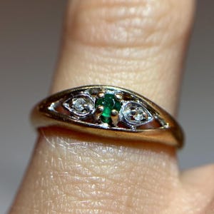 Gorgeous Emerald Diamond Pinky Ring, 10KT Gold Green Gemstone, Tiny Band Yellow Gold Cut Out Three Stone Design, Green Ring Size 4 US