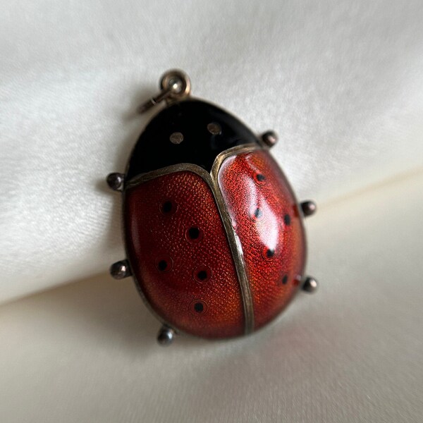 Vintage NORWAY David Andersen Sterling Silver Enamel Ladybug Pendant, Gorgeous Vibrant Red and Black Enamel Ladybug Necklace Pendant
