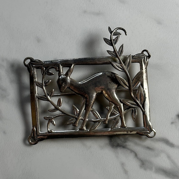 Vintage Silver Deer Pin Brooch, 1940s  Signed Sterling Coro Genuine Norseland Pin, Little Fawn Rectangle Vintage Silver Jewellery