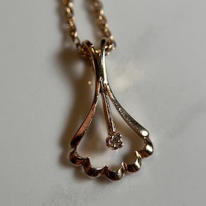 Unique Solid 10KT Gold Pendant, Sparkly Cubic Zirconia Asymmetrical Necklace Charm, Flair Design Scalloped Gold Estate Jewellery