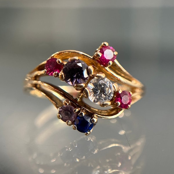 Estate 10KT Yellow Gold Multi Stone Ring, Coloured Glass Ring, Blue Violet White and Pink Glass Family Ring, Floral Abstract Ring Size 6.5