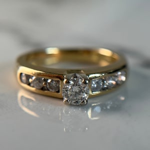 Vintage 14KT Yellow Gold Diamond Ring, Channel Set Diamonds, Simple and Stackable Gold and Diamond Anniversary Style Ring Size 4 US