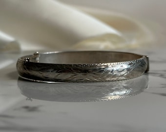 Thin Sterling Silver Engraved Bangle Bracelet, Vintage Flower Design Etched Silver Bracelet, Stackable Silver Bracelet with Safety Chain