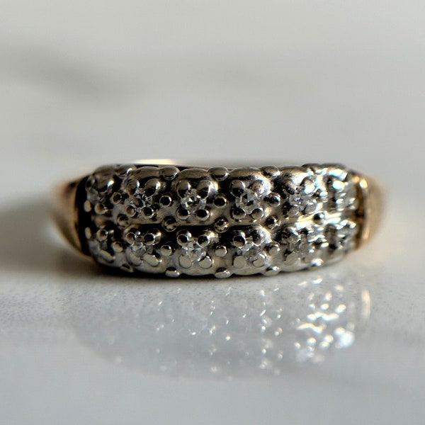 Vintage 14KT Yellow and White Gold Pave Set Diamond Ring, Wide Band Diamond Ring, Ring Size 5.5 US, Chunky Stackable Vintage Diamond Ring