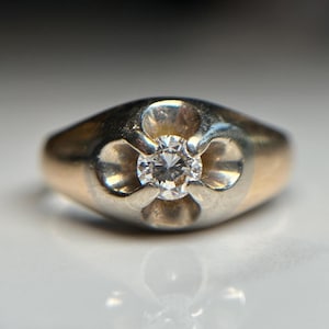 Wide Band Diamond Belcher Ring, Estate 10KT Yellow & White Gold Cast Two-Toned Solitaire Band, Brilliant Cut Buttercup Ring Size 9.75 US