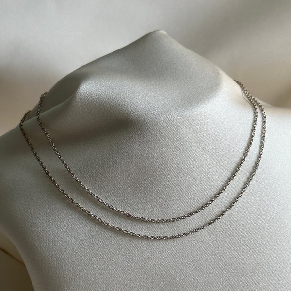 Estate 14KT White Gold Twisted Cable Chain, Dainty & Minimalist Chain, Classic Spring Ring Clasp, Everyday Silver Stackable Chain 24.5" Long