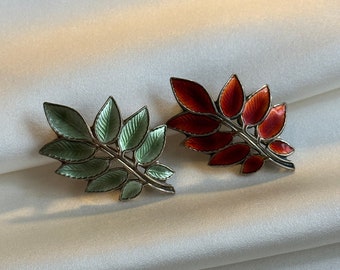 Vintage David Andersen Red and Green Brooches, Norway Sterling Silver Enamel Leaf Brooch, Two Leafy Branch Pins Detailed Enamel Jewellery