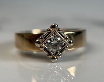 Vintage 10KT Yellow and White Gold Cast Decorative Rhombus Diamond Ring, Thick Band Diamond Ring, Framed Diamond Art Deco Ring Size 6.75 US