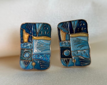 Vintage DAVID ANDERSEN Norway Four Seasons 'Spring' Clip On Earrings, Retro & Rare Sterling Silver Blue and Gold Enamel Rectangle Earrings