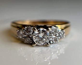 Dazzling Diamond Cluster Ring, Estate 14KT Yellow and White Gold Cast Engagement Style Jewellery, 0.80 ctw. Diamond Sparkly Ring Size 7.5 US