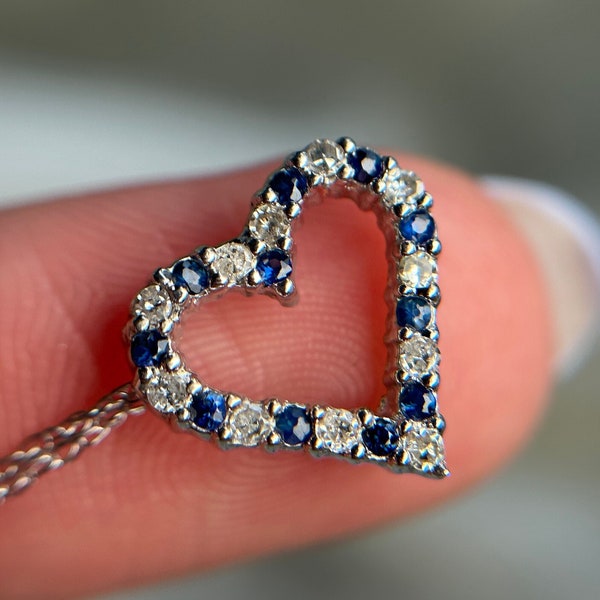 Estate 10KT Diamond and Sapphire Heart Necklace, White Gold Blue Heart I Love You Necklace, Dainty and Adorable Small Heart Jewellery 18"