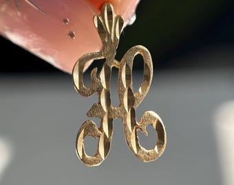 Solid 14KT Gold Letter H Pendant, Etched Yellow Gold Cursive Capital Letter H Monogram Necklace Stack Addition, Everyday Wear Name Charm