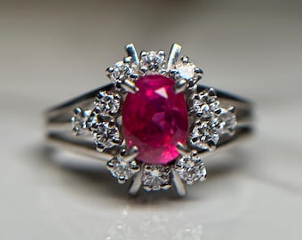 Platinum Ruby and Diamond Cluster Ring, PL900 Band Oval Cut Pink Ruby & Diamond Halo Estate Jewellery, July Birthstone Cocktail Size 4.25 US