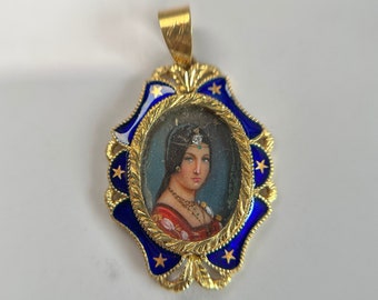 Antique 18K Gold Picture Frame Pendant with Portrait and Diamond, Hand Painted Woman's Portrait Framed in Intricate Gold and Blue Frame