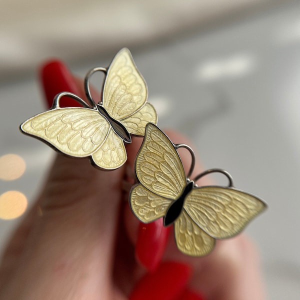 Vintage V.B. Volmer Bahner Butterfly Clip-On Earrings, Yellow Enamel Butterfly Earrings, Copenhagen Scandinavian Detailed Sterling Jewellery