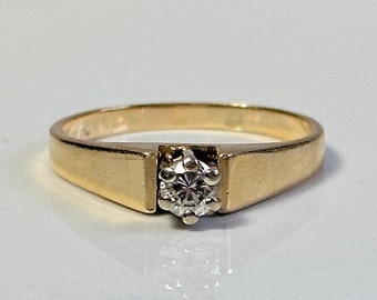 14K Yellow Gold Vintage Diamond Engagement Ring, 6 Prong Set Gemstone, Minimalist Solitaire Diamond Ring, Stackable Gold Engagement Ring