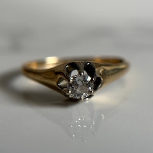 Rare Vintage 14KT Yellow Gold Cast Old European Cut Diamond Belcher Ring, Prong Set Vintage Solitaire Diamond, Unique Gold Ring Size 7 US