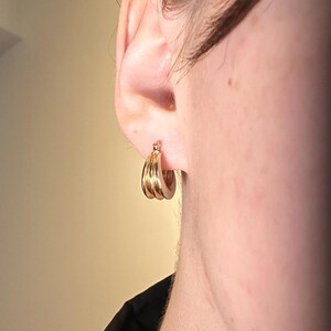 May include: Gold hoop earrings with a layered design. The earrings are worn in the left ear.