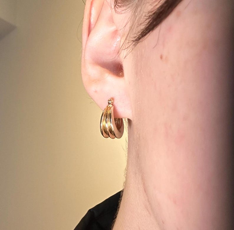 May include: Gold hoop earrings with a layered design. The earrings are worn in the left ear.