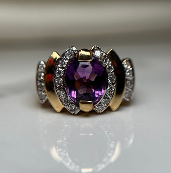 Estate 18KT Gold Amethyst and Diamond Ring, Purpl… - image 2