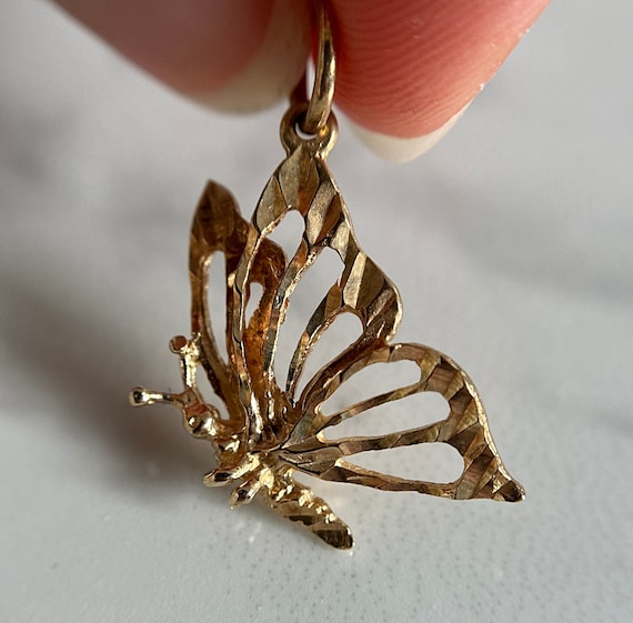 10KT Gold Small Etched Butterfly Charm, Yellow Go… - image 6